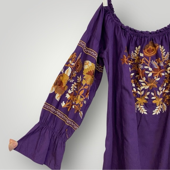 FREE PEOPLE FLEUR DU JOUR OFF-THE-SHOULDER EMBROIDERY DRESS PURPLE Sz L - Picture 4 of 13